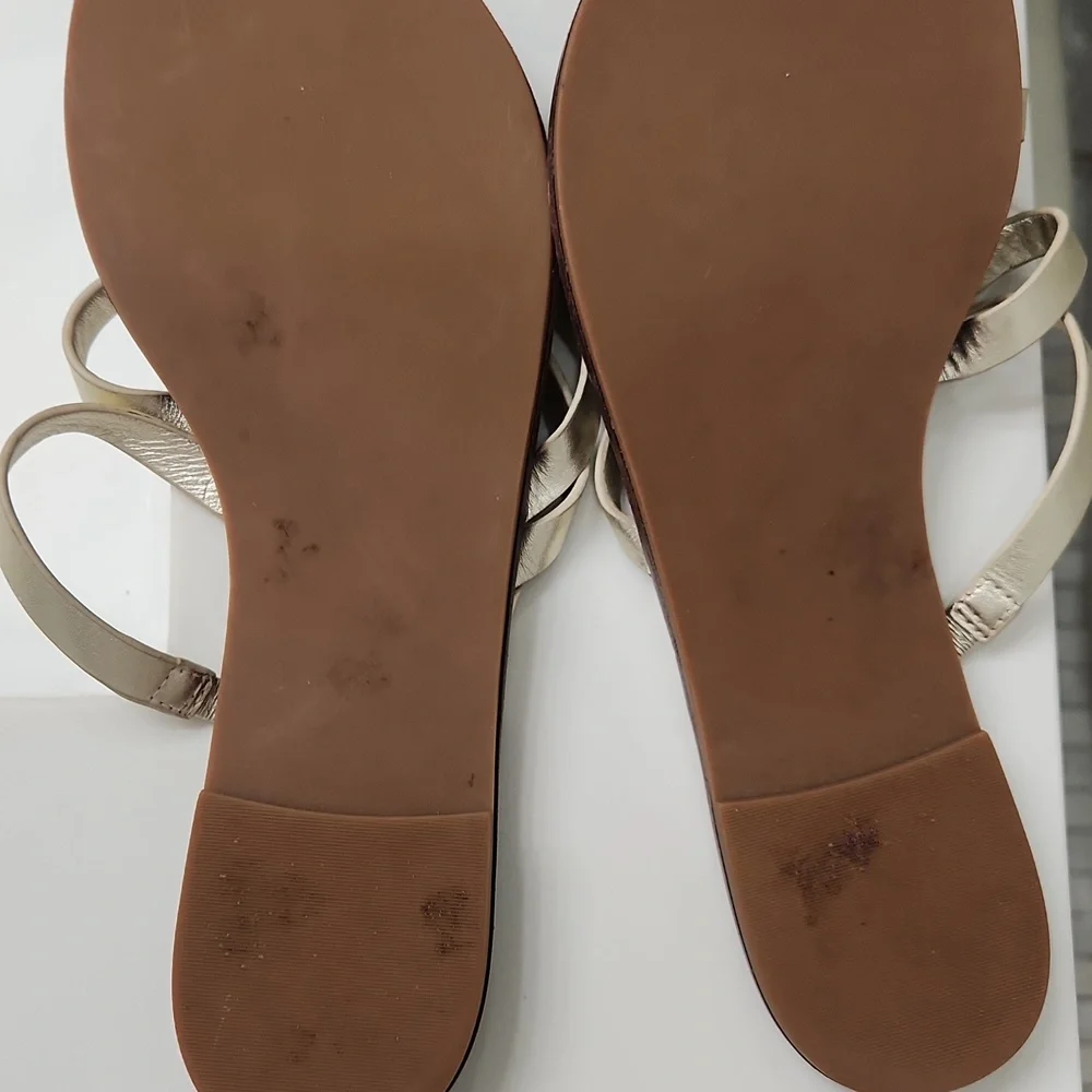 Tory Burch Gold Strappy Leather Sandals with Brown Footbed - Picture 8 of 11